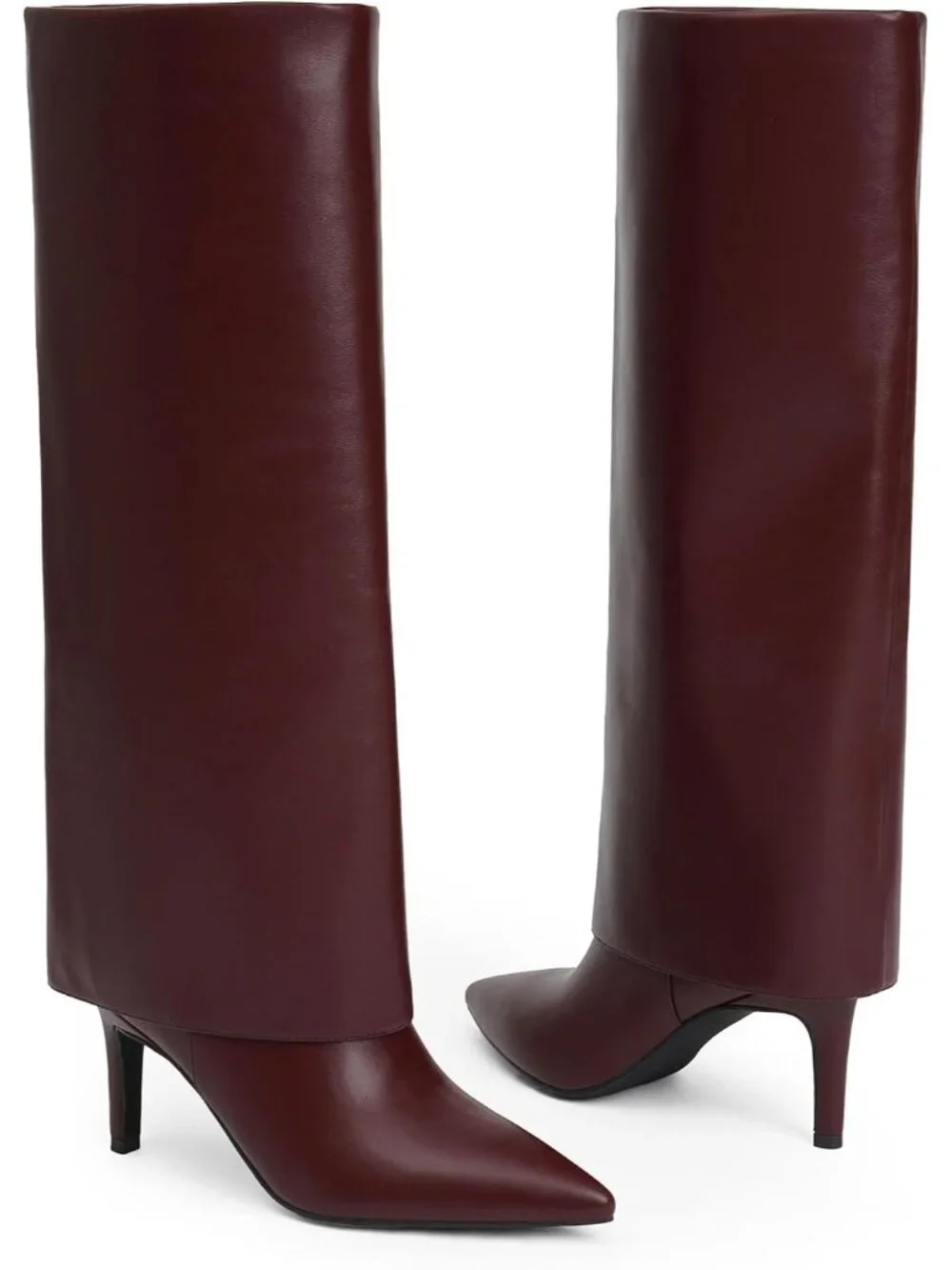 Women's Burgundy Pu Stiletto Heel Pointed Toe Chic Fold Over Knee High Boots